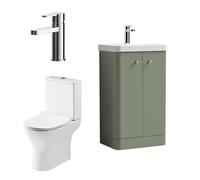 Balterley Vanity Unit with Basin, Toilet Pan, Seat, Cistern, Mixer Tap, Floor Standing 2 Door Soft Close Vanity Unit, Toilet Pan with Soft Close Seat, Mono Basin Mixer Tap (Green/Chrome)