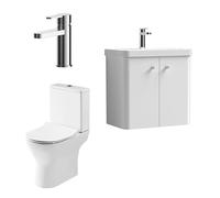 Balterley Vanity Unit with Basin, Toilet Pan, Seat, Cistern, Mixer Tap, Wall Hung 2 Door Soft Close Vanity Unit, Toilet Pan with Soft Close Seat, Mono Basin Mixer Tap (White/Chrome)