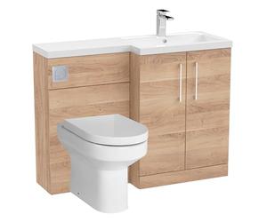 Balterley Vanity Unit with Basin, WC Unit with Toilet Pan, Seat, Cistern, Floor Standing 2 Door Soft Close Vanity, Toilet Pan with Soft Close Seat, Right Hand Bathroom Sink Storage (Bleached Oak)