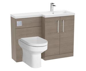 Balterley Vanity Unit with Basin, WC Unit with Toilet Pan, Seat, Cistern, Floor Standing 2 Door Soft Close Vanity, Toilet Pan with Soft Close Seat, Right Hand Bathroom Sink Storage (Solace Oak)