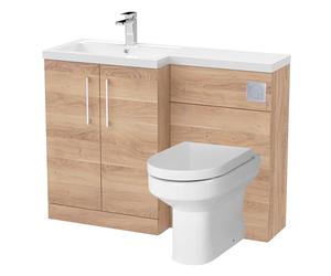 Balterley Vanity Unit with Basin, WC Unit with Toilet Pan, Seat, Cistern, Floor Standing 2 Door Soft Close Vanity, Toilet Pan with Soft Close Seat, Left Hand Bathroom Sink Storage (Bleached Oak)