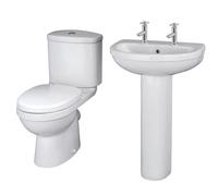 Balterley Vito Bathroom Suite: Close-Coupled Toilet W/ Dual-Flush Cistern, Soft-Close Seat & 550mm 2 Tap Hole Basin, Full Pedestal