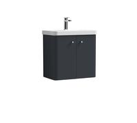 Wall Hung 2 Door Vanity Unit with Ceramic Sink - 600mm - Soft Black