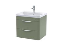 Wall Hung 2 Drawer Vanity Unit with Ceramic Basin - 600mm - Satin Green