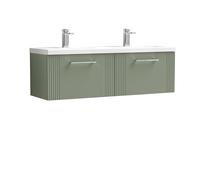 Partial Fluted 2 Drawer Wall Hung Vanity Unit with Double Ceramic Basin - 1200mm - Satin Green