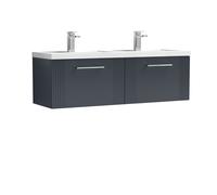Partial Fluted 2 Drawer Wall Hung Vanity Unit with Double Polymarble Basin - 1200mm - Satin Dark Grey