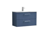 Partial Fluted 2 Drawer Wall Hung Vanity Unit with 1 Tap Hole Minimalist Basin - 800mm - Satin Blue