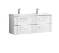 Partial Fluted 4 Drawer Wall Hung Vanity Unit with Double Polymarble Basin - 1200mm - Satin White