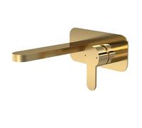 Balterley Wall Mount Basin Mixer Tap & Back Plate, 2 Tap Hole Basin Taps, Round Bathroom Taps, Flat Rounded Spout, Flat Single Lever Handle & Rectangular Backplate - 108 x 193 x 180mm (Brushed Brass)