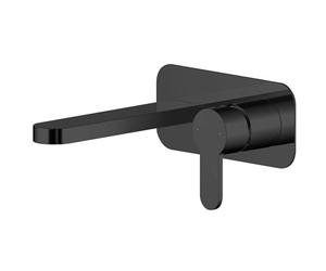Balterley Wall Mount Basin Mixer Tap & Back Plate, 2 Tap Hole Basin Taps, Round Bathroom Taps, Flat Rounded Spout, Flat Single Lever Handle & Rectangular Backplate - 108 x 193 x 180mm (Matt Black)
