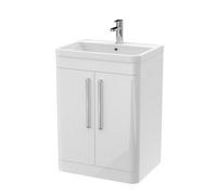 Balterley Wave Contemporary Bathroom Floor Standing 2 Door Vanity Unit & Polymarble Basin, Gloss White, 600mm