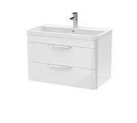 Balterley Wave Contemporary Bathroom Wall Hung 2 Drawer Vanity Unit & Ceramic Basin, Gloss White, 810mm