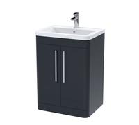Modern Bathroom Floor Standing 2 Soft Close Door Vanity Basin Unit, Ceramic Basin, 600mm, Dark Grey