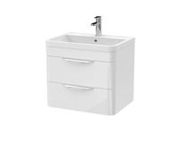 Wall Hung 2 Drawer Bathroom Vanity Unit with Polymarble Basin - 600mm - Gloss White