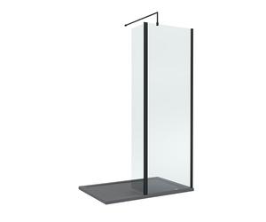 Balterley Wetroom Screen with Return Screen, Support Bar & Tray, Hinged Shower Glass, Support Bar Kit, Rectangular Shower Tray, Toughened Safety Glass Screens with Arm Bracket (Black/Grey)
