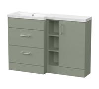 Balterley Wichnor Floor Standing 1 Door, 2 Drawer Vanity Basin Unit With Open Shelf And Polymarble Basin, 1200mm, Left Hand, Fern Green