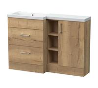 Balterley Wichnor Floor Standing 1 Door, 2 Drawer Vanity Basin Unit With Open Shelf And Polymarble Basin, 1200mm, Left Hand, Autumn Oak
