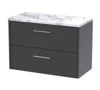 Winshill Contemporary 2 Drawer Wall Hung Vanity Unit with Laminate Worktop, Woodgrain Dark Grey, 800mm