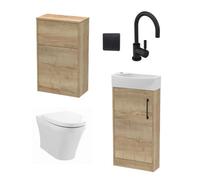 Cloakroom Suite - Right Hand 440mm Vanity, WC Unit, Toilet and Tap - Oak/Black