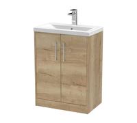 Winshill Contemporary 2 Door Floor Standing Vanity Unit with Mid-Edge Basin, Light Oak, 600mm