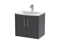 Balterley Winshill Contemporary 2 Door Wall Hung Vanity Unit With Curved Basin, Woodgrain Dark Grey, 600mm