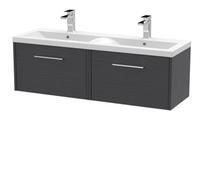 Winshill Contemporary 2 Drawer Wall Hung Vanity Unit with Double Basin, Woodgrain Dark Grey, 1200mm