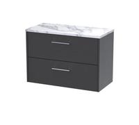 Winshill Contemporary 2 Drawer Wall Hung Vanity Unit with Laminate Worktop, Woodgrain Dark Grey, 800mm