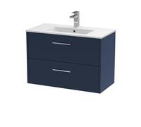 Winshill Contemporary 2 Drawer Wall Hung Vanity Unit with Minimalist Basin, Dark Blue, 800mm