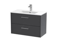 Balterley Winshill Contemporary 2 Drawer Wall Hung Vanity Unit With Minimalist Basin, Woodgrain Dark Grey, 800mm