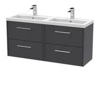 Winshill Contemporary 4 Drawer Wall Hung Vanity Unit with Double Basin, Woodgrain Dark Grey, 1200mm