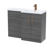 Balterley Woodgrain Anthracite Bathroom Vanity Unit with Basin & WC, Brushed Bronze Handles, Right Hand, 1100mm x 390mm