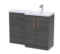 Balterley Woodgrain Anthracite Bathroom Vanity Unit with Basin & WC, Copper Handles, Right Hand, 1100mm x 390mm