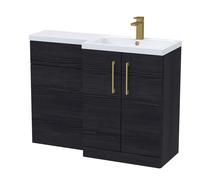 Balterley Woodgrain Black Bathroom Vanity Unit with Basin & WC, Brushed Brass Handles, Right Hand, 1100mm x 390mm