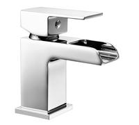 Balterly Bathroom Sink Taps, Mono Basin Mixer Tap with Push Button Waste, Single Lever Temperature Control Bathroom Tap, Square Body, Scooped Waterfall Spout Basin Taps - 54 x 132 x 138mm (Chrome)
