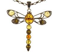 Baltic amber and sterling silver 925 multi-coloured dragonfly pendant necklace with 1mm Italian sterling silver 925 snake chain