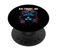 Baltimore Maryland Cat Wearing Sunglasses and Flowers Design PopSockets Adhesive PopGrip