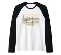 Baltimore Maryland Vintage Skyline Drawing Raglan Baseball Tee