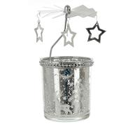 Baltus Silver Carousel Rotary Candle Holder - 15cm Mirror Glass Tealight Holder with Rotating Silver Star Charms, Reindeer Scene & Candle Included, Magical Christmas Ornament
