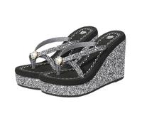 Baluue 1 Pair Heeled Sequins Sandals Elegant Flip Flops for Beach Casual Wear Comfortable Durable Design Black for Her
