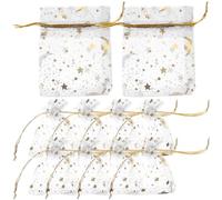Baluue 100pcs White Organza Drawstring Bags with Gold Stars and Moon Design Sheer Mesh Gift Pouches for Wedding Favors Jewelry Candy Party Birthday and Holiday Packaging