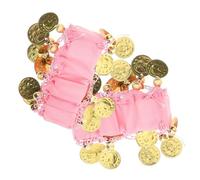 Baluue 2pcs Pink Chiffon Belly Dance Wrist Bracelets with Coins, Gypsy Dance Wristbands for Performance and Halloween Costume Accessories