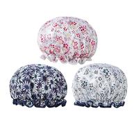 Baluue 3pcs Shower Caps Thicken Printed Double Layer Bathing Caps for Women Elastic Band for Home Salon Spa Use Red Flower Navy Small Large Flower