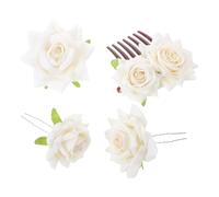 Baluue 4pcs Beige Fabric Rose Hair Clips Set with 7-tooth Comb, 2 U-shaped Pins Brooch, Realistic Floral Bridal Hair Accessories for Brides, Bridesmaids Flower at Weddings