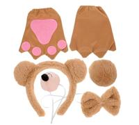 Baluue Bear Cosplay Headband Set 4pcs Khaki Bear Ears Hair Hoop Nose Prop and Light Brown Gloves Party Costume Accessories for Women Face Washing and Fancy Dress