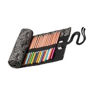 Baluue Canvas Pencil Wrap Roll Organizer with Slots Large Capacity Portable Drawing and Coloring Pencil Storage Case Elegant Black Leaves Pattern Space-Saving Roll Design for Travel and