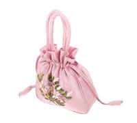 Baluue Ethnic Style Embroidered Drawstring Handbag for Women Portable Pink Pouch Purse with Handle Unique Decorative Embroidery Suitable for Party Dating Daily Use