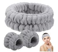 Baluue Spa Headband and Wristband Set 1 Grey Hair Band 2 Grey Wristbands Adjustable Facial Headbands for Women for Makeup Shower and Beauty Routine