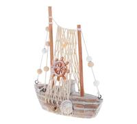 Baluue Vintage Wooden Sailboat Model Nautical Decor with Shell and Net Accents Compact Rustic Sailing Boat Ornament for Beach House Desktop Decoration
