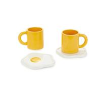 Balvi Sunny Side Up Coffee Cup Set Two Cups and Saucers Fried Egg Ceramic