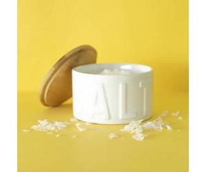 Balvi White Ceramic Bamboo Lid Embossed Letters Flake Salt Kitchen Storage Pot Cellar